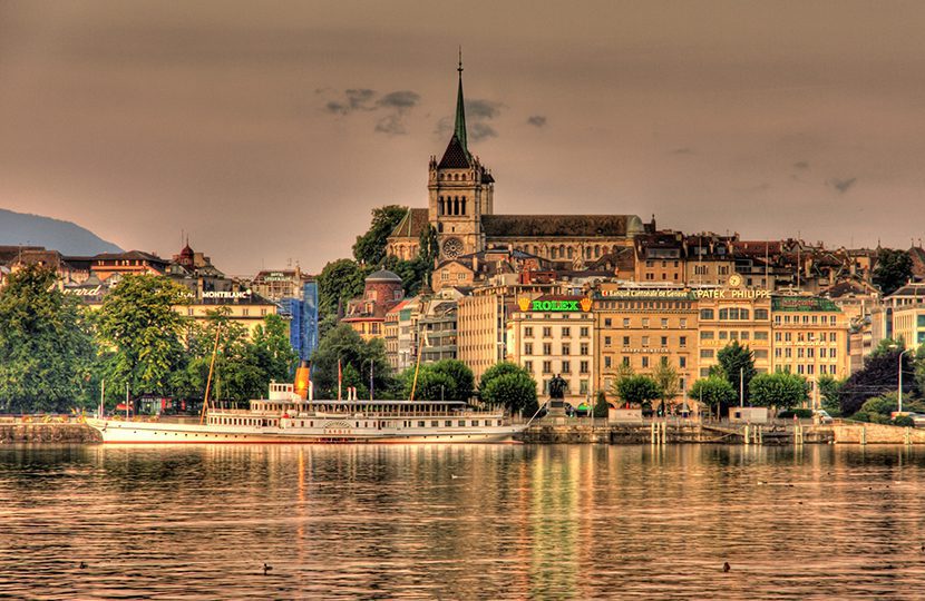 Geneva from the water with St. Pierre Cathedral towering above