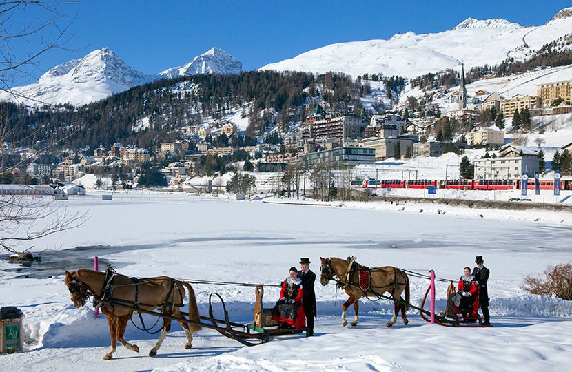 View of frozen Lake St. Moritz with Badrutt's Palace Hotel