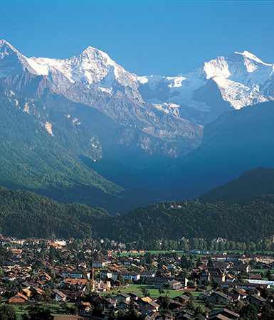 The city of Interlaken with the 'Big Three' in the background