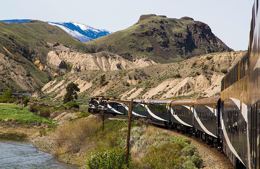 The Rocky Mountaineer running along the Fraser Valley in British Columbia