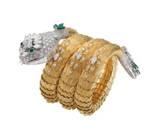 Serpenti bracelet-watch in gold with polychrome enamel and emeralds