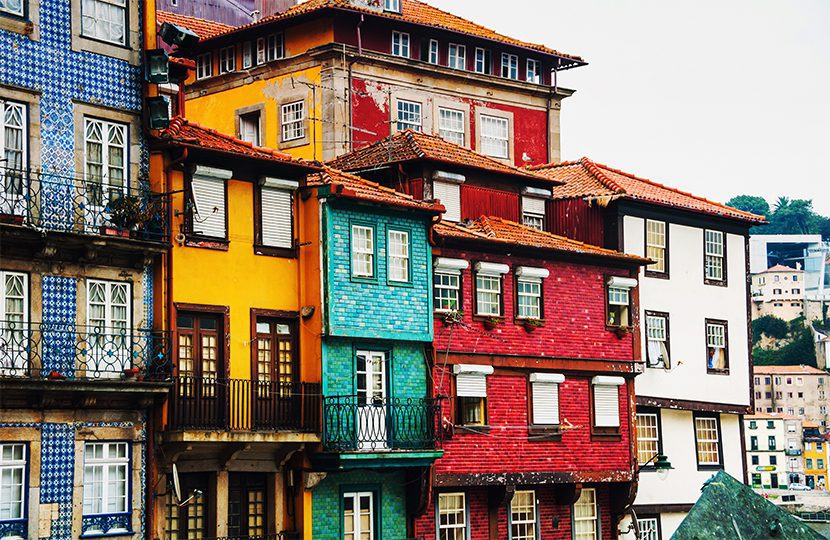 Typical colorful houses lined along the Ribeira