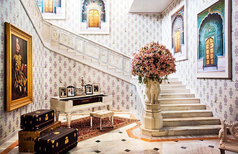The stunning marble staircase at the Sujan Rajmahal Palace