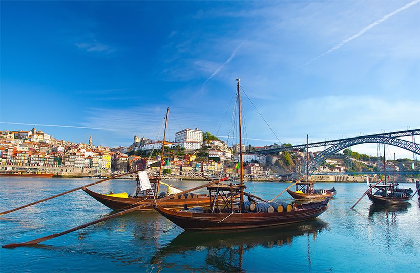 Rabelo boat anchored along the shores of Vila Nova de Gaia