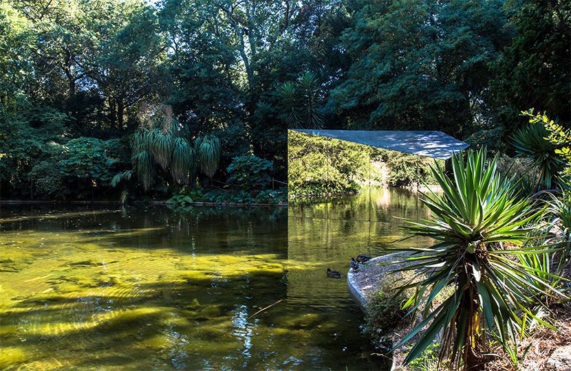 Artificial lake in the park of the Foundation Serralves with an art installation