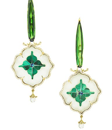 Earring set in 18k gold with diamond and green tourmaline, marble and malachite