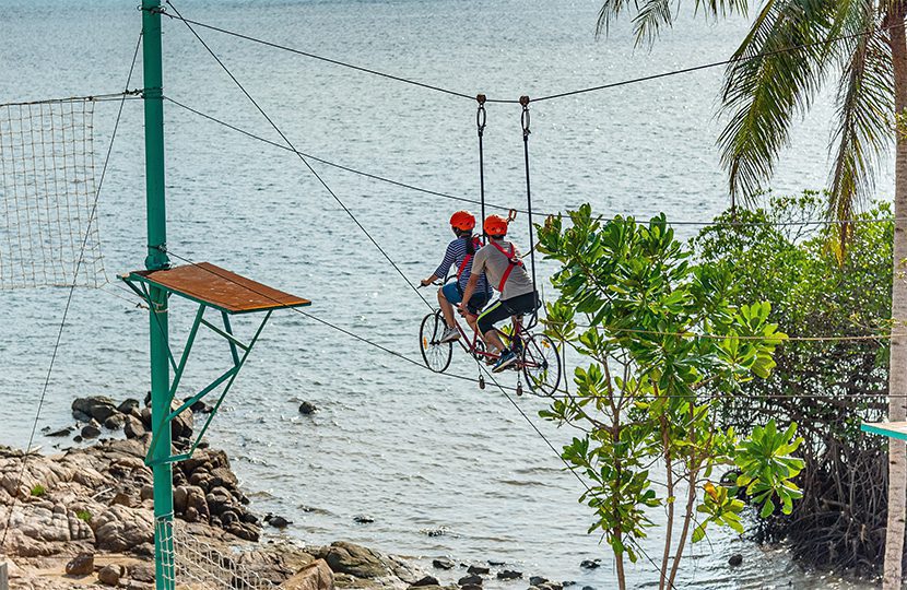 Try the Hi-element obstacle course that includes tandem cycling on a tightrope