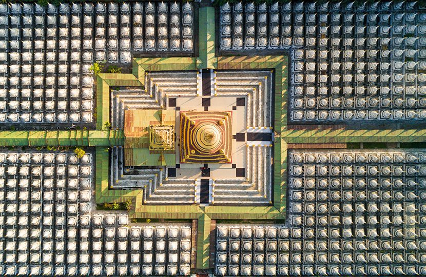 Aerial view of the Kuthodaw Pagoda surrounded by 729 shrines containing the world's biggest book - 