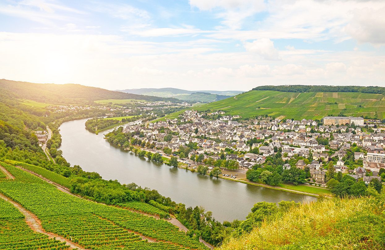 View from Landshut Castle to the old town Bernkastel Kues with vineyards and river Mosel