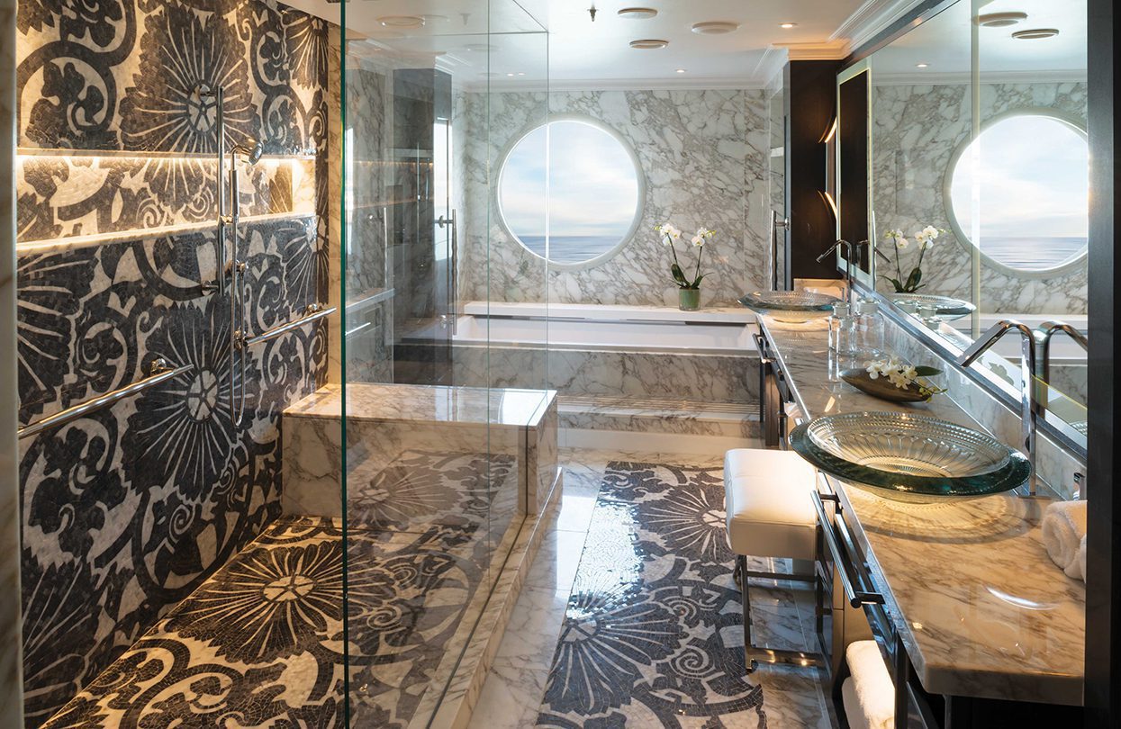 The sprawling bathroom in the penthouse suite
