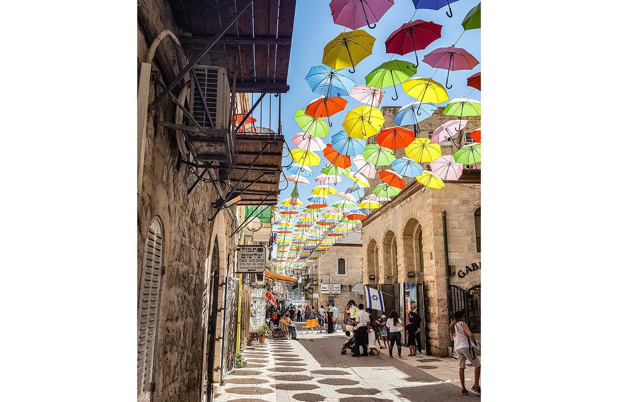 Umbrellas suspended over Yoel Moshe Solomon Street in Jerusalem
