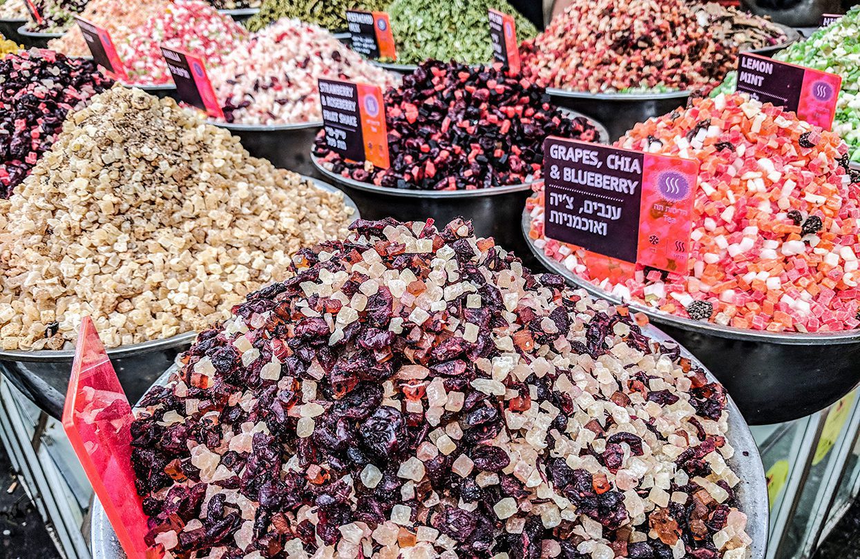 Piles of dried fruit in Machne Yehuda - Israel