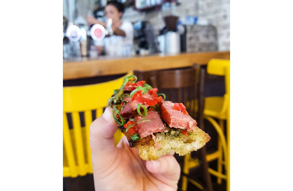 Cured tuna on bruschetta at Ouzeria, Tel Aviv - Israel