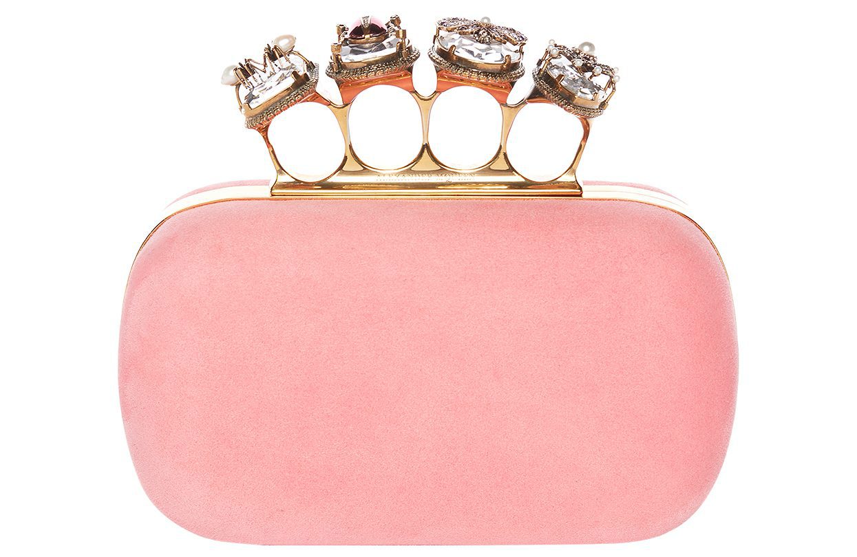 For Her Alexander McQueen Suede and antique gold beetle ring clutch S$2990
