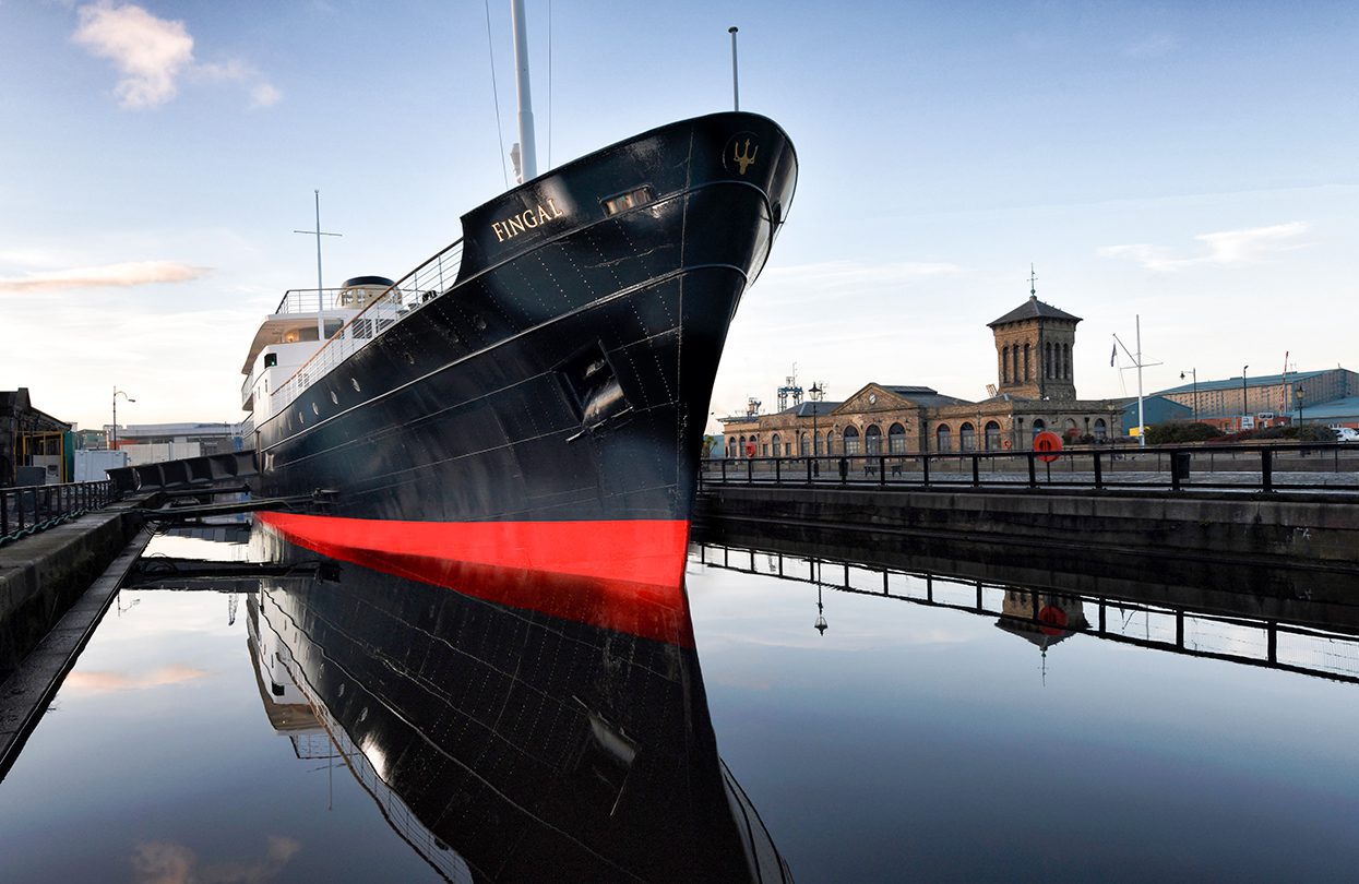 The dramatic Fingal is permanently docked in the Port of Leith