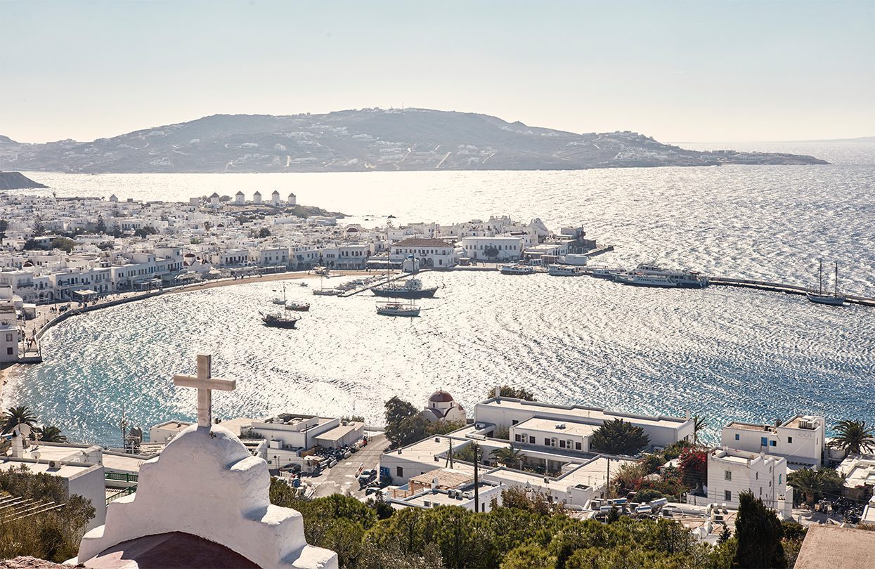 Panoramic view of the vibrant Chora of Mykonos