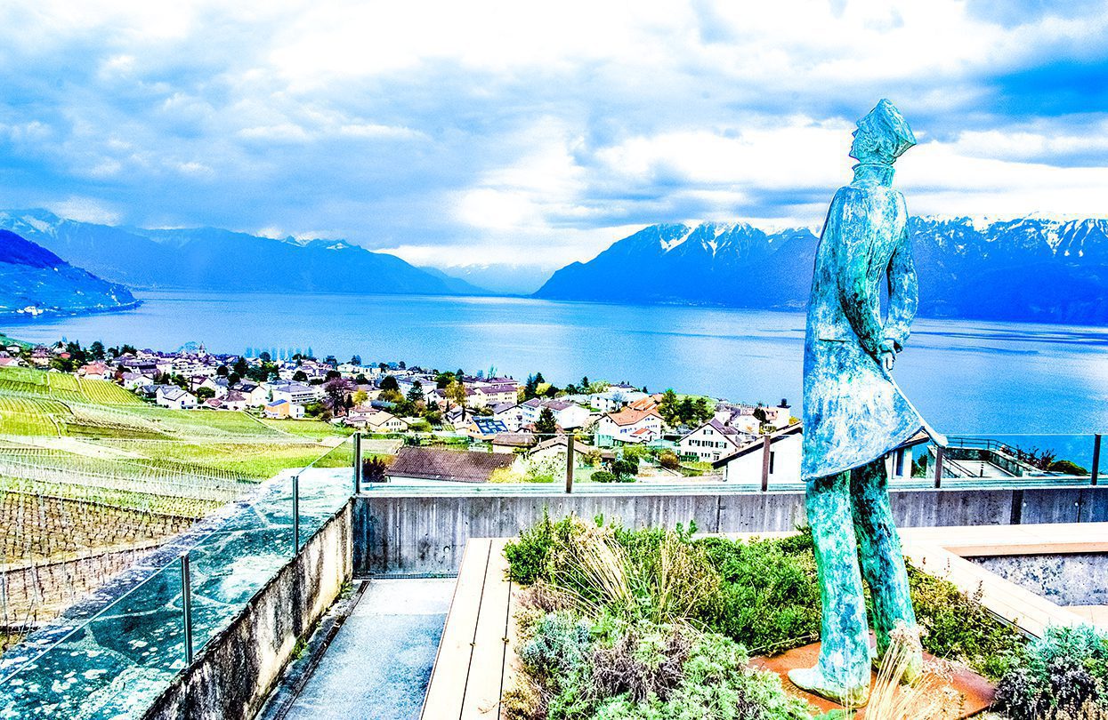 Comic book hero Corto Maltese looks out to sea in Grandvaux, in the heart of Levaux wine country, by Vincent Sung