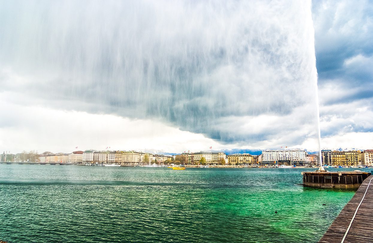 The Jet d’eau or fountain on Lake Geneva spews water 140 metres in the air, one of the most recognisable symbols of the city, by Vincent Sung