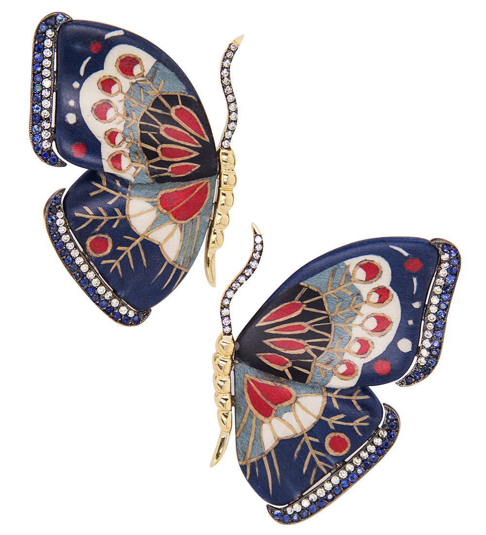 BUTTERFLY MARQUETRY EARRING 18k gold, light brown diamond, sapphire and blue butterfly marquetry earring