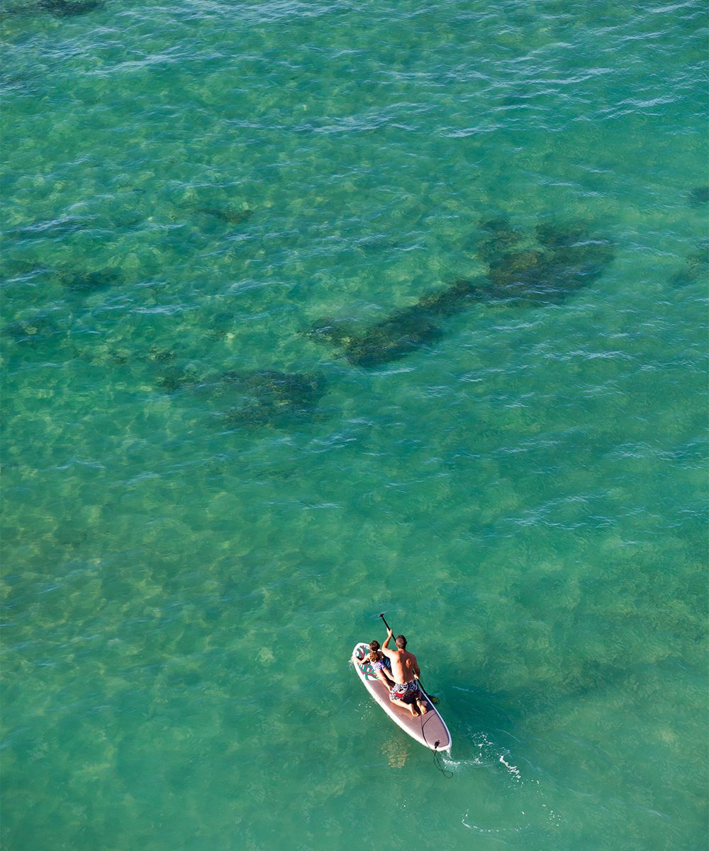 Kneeling on a stand-up-paddle-board in the waters of Hawai by Hawaii Tourism Authority, photo by Tor Johnson