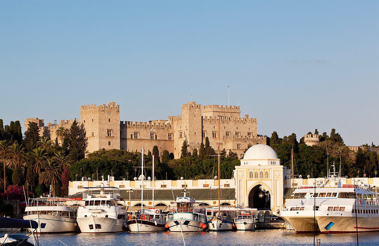 View of the Grand Magister’s Palace from Mandraki Harbour in the Rhodes City Center