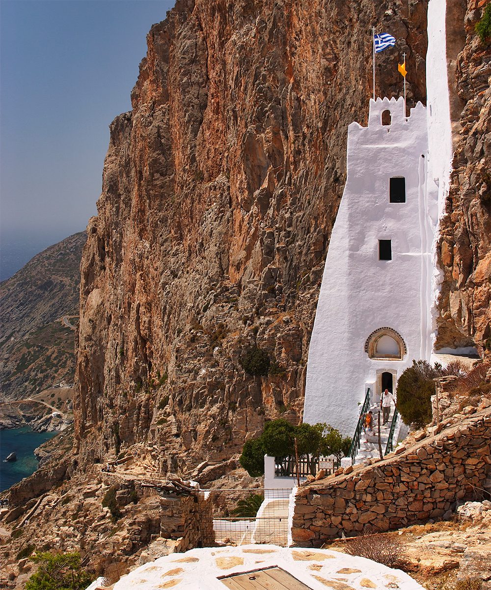 A landmark of Amorgos Island nestled in the rocks, the Monastery of Panagia Hozoviotissa