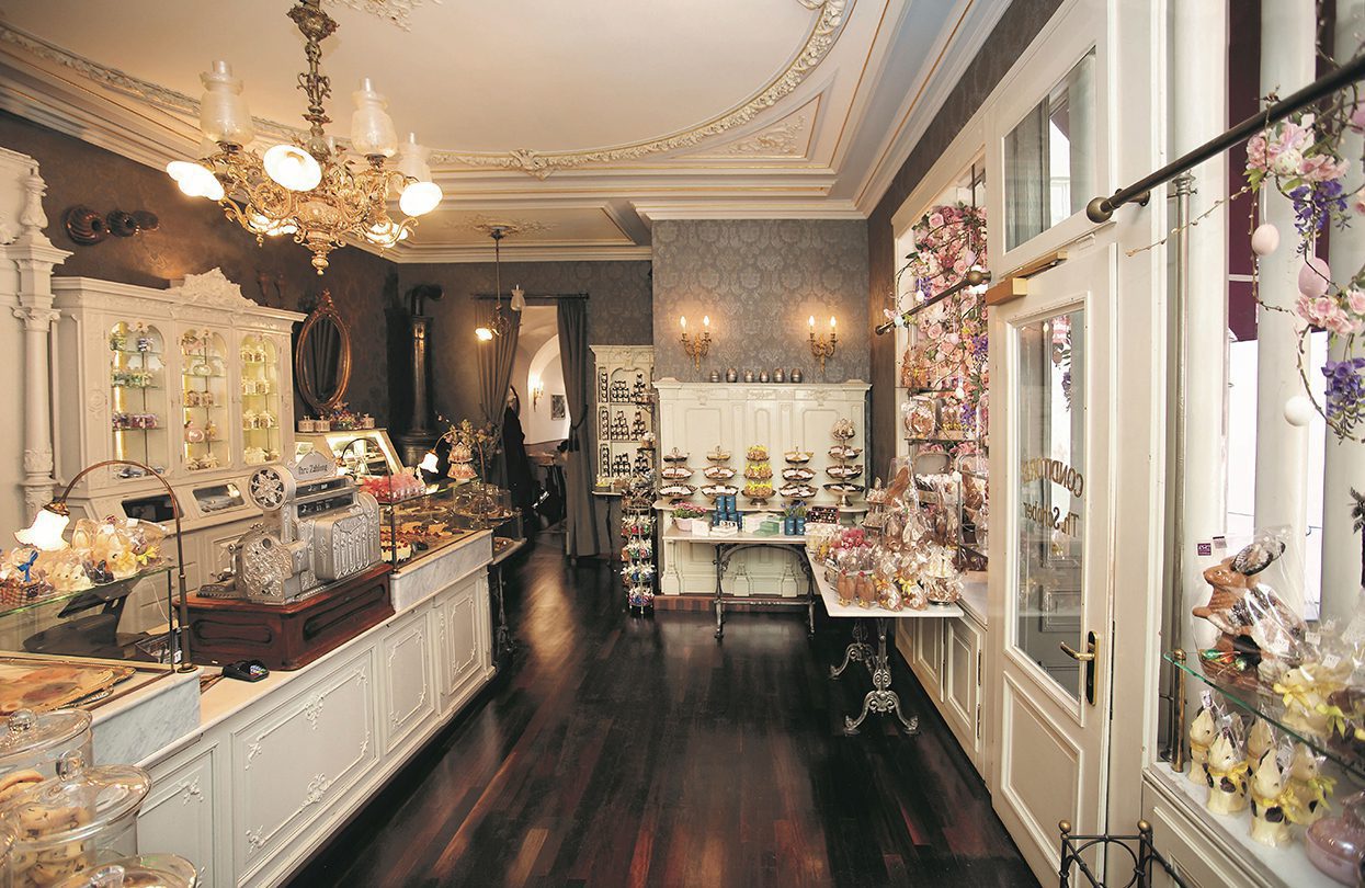 Artisanal chocolates form a spectacular display at Conditorei Schober