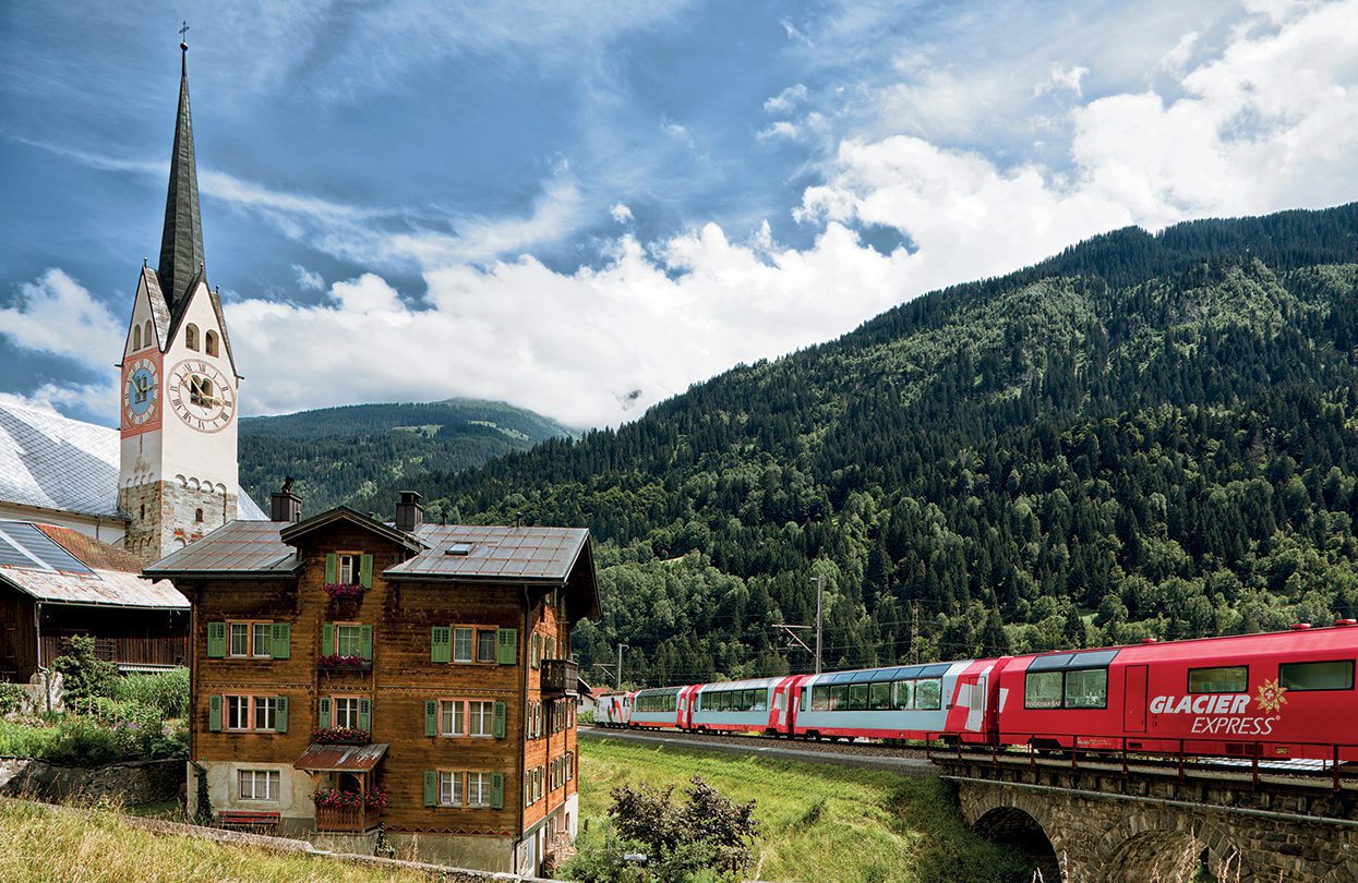 Glacier Express at Trun. The slowest express train in the world