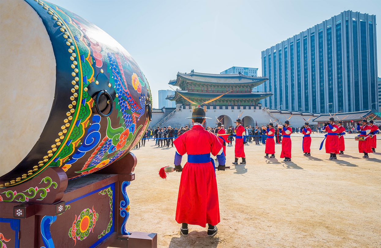 Soldiers with traditional Joseon Dynasty uniforms will protect Gyeongbokgung Palace in Seoul, South Korea by wittaya