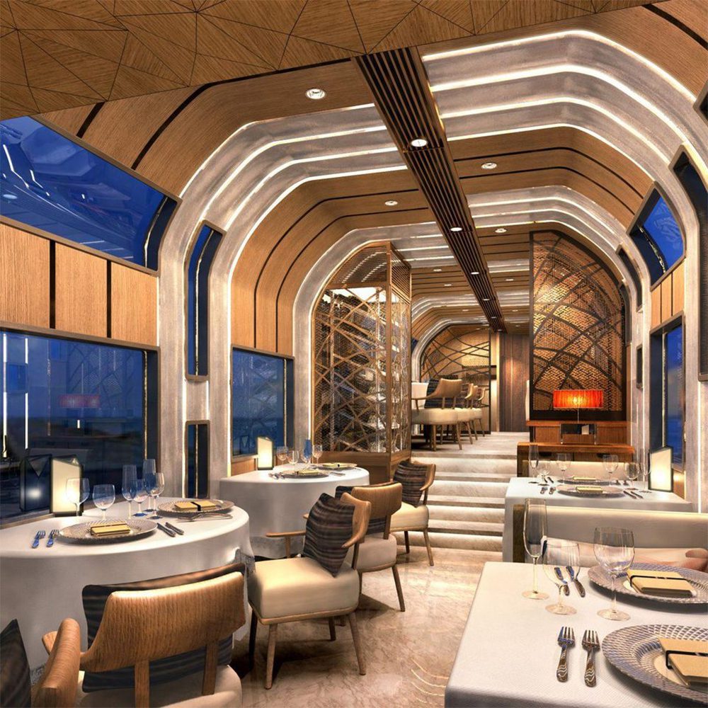 The golden colours of Shiki-shima’s dining carriage instantly fill one’s visual appetite