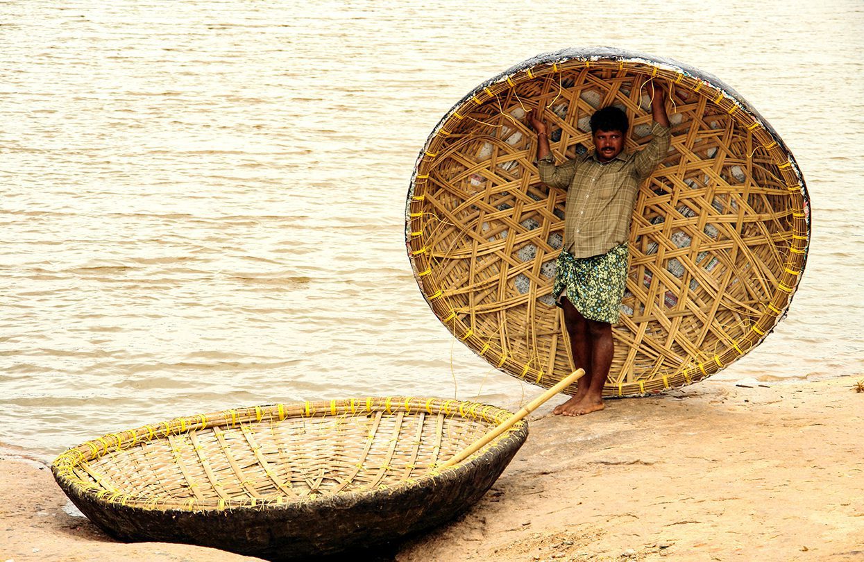 These round boats, known as coracles, are the best way of going across the Thungabhadra River.