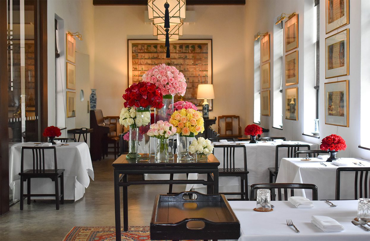 Rachamankha’s elegant dining room features art work from the owner’s private collection