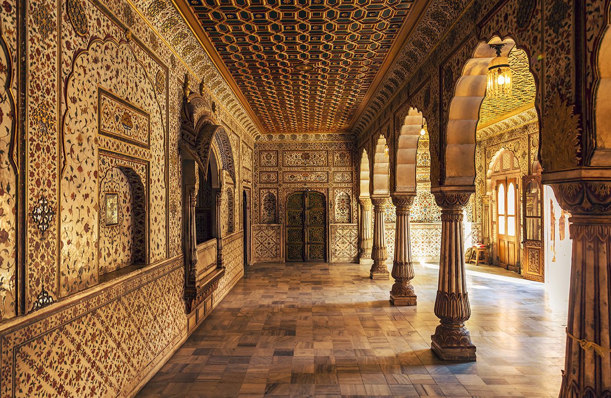 Junagarh Fort view of the Private Audience Hall in Anup Mahal, Bikaner with intricate gold artwork and columned structure, by Roop_Dey