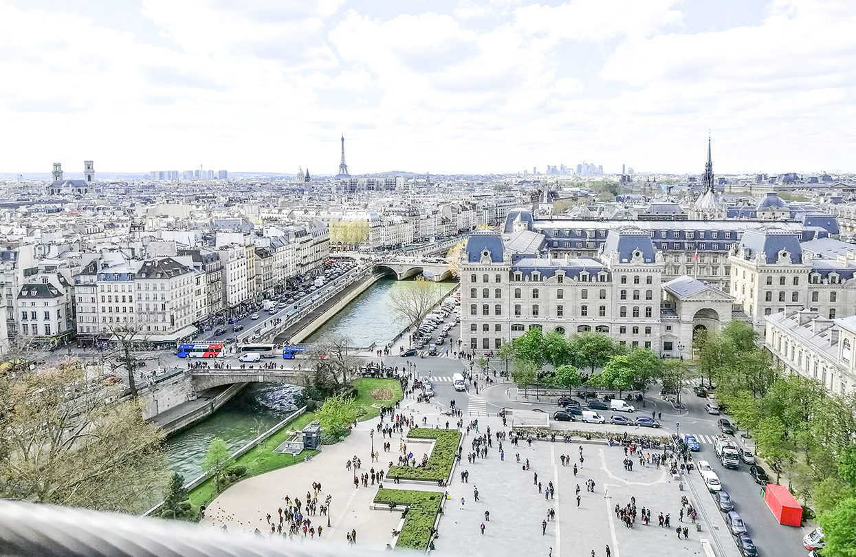 View of River Seine and the city of Paris from Notre Dame Cathedral just a week before the fire