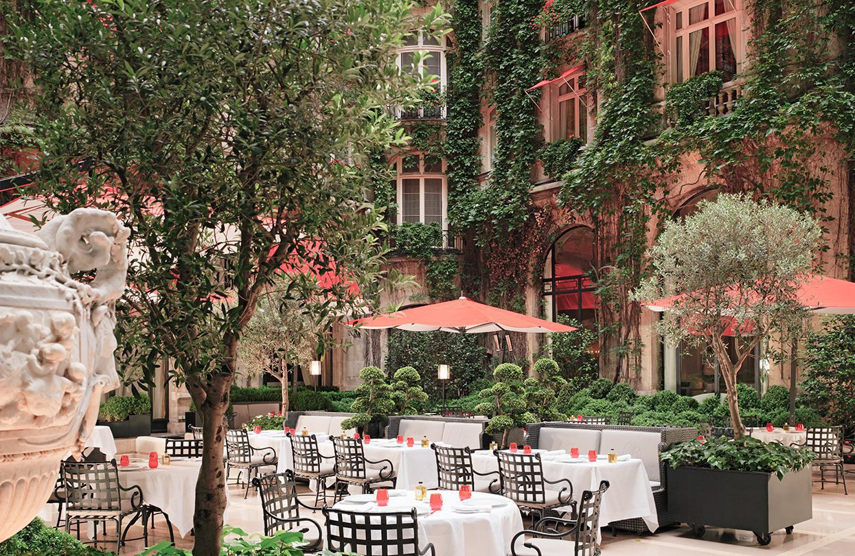 The courtyard at the Hotel Plaza Athénée, La Cour Jardin, a haven of peace in the busy city