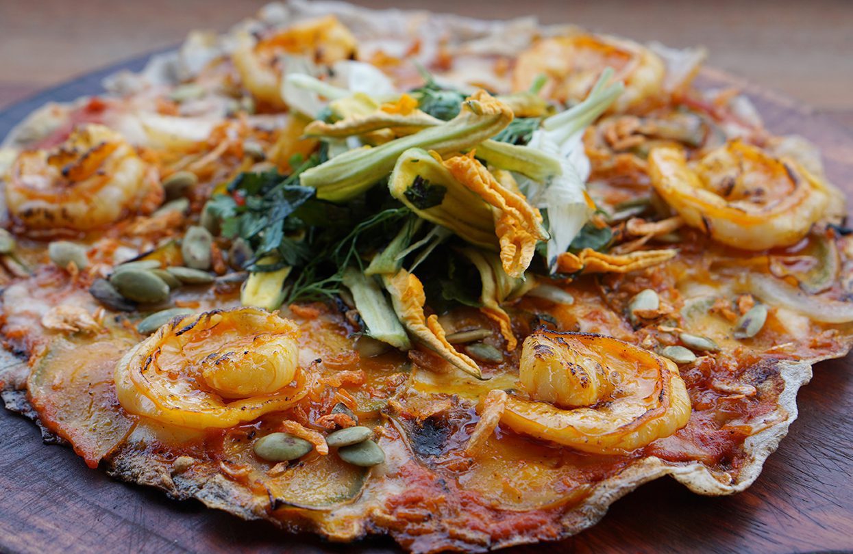 One of Chef Peter’s reinterpretations of Vietnamese flavours Pumpkin and Shrimp Dalat Pizza