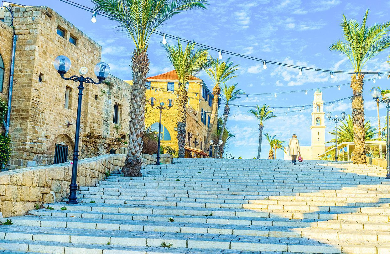 The stairs lead to Kedumim Square and St Peter's church in upper town of Jaffa, Tel Aviv, photo by eFesenko