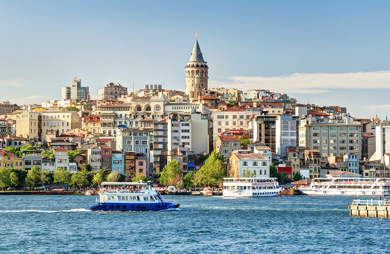 Beautiful panoramic view of the old district of Istanbul, Galata Tower in the background & ships sailing on the Golden Horn by Viacheslav Lopatin
