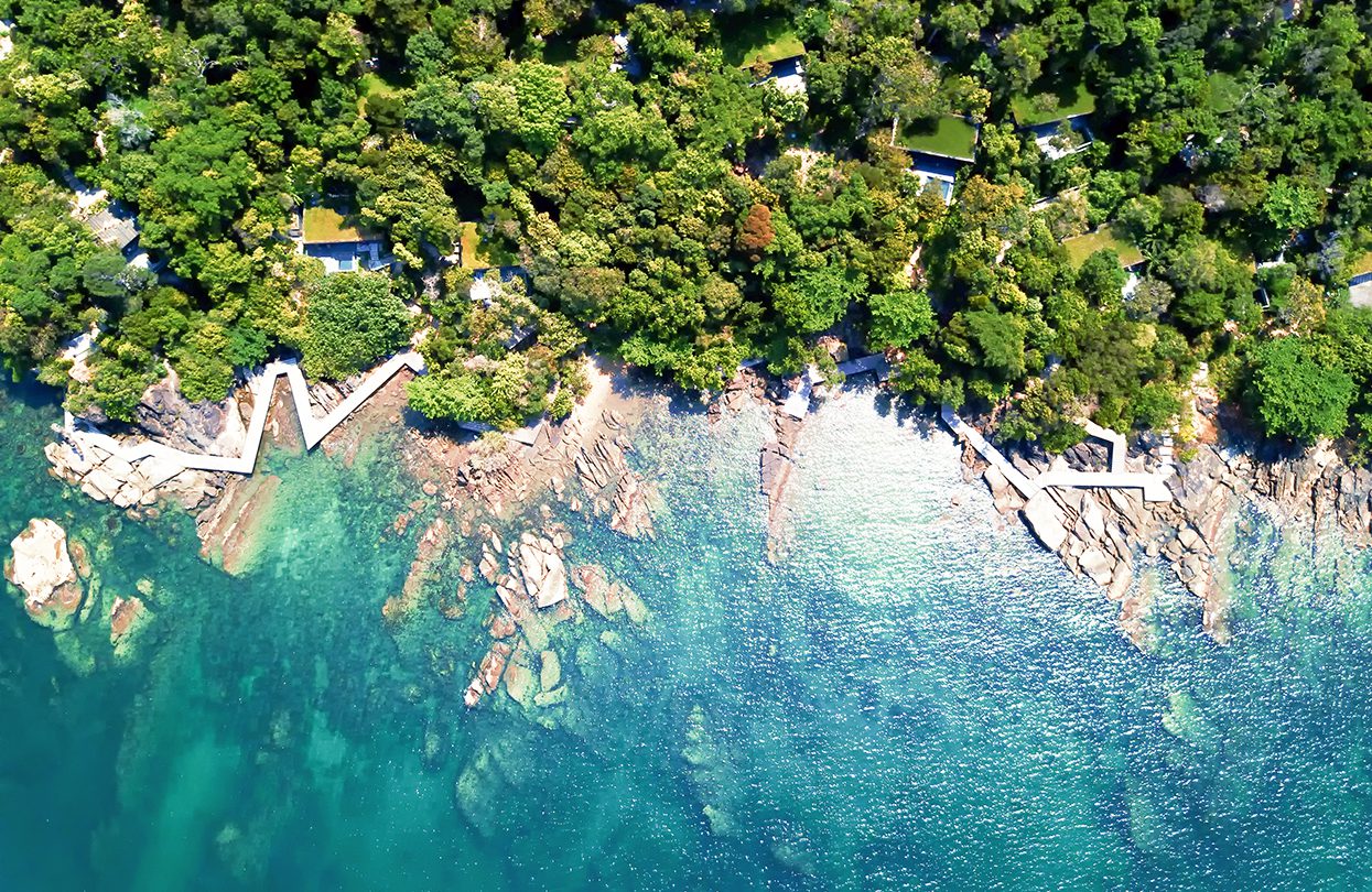 Looking down on the lush jungle island home of Six Senses Krabey Island