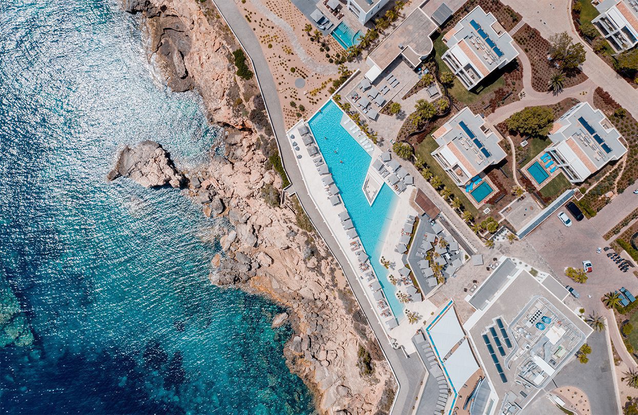 An aerial shot of one of the pools at Seven Pines Resort Ibiza, image by David Biedert
