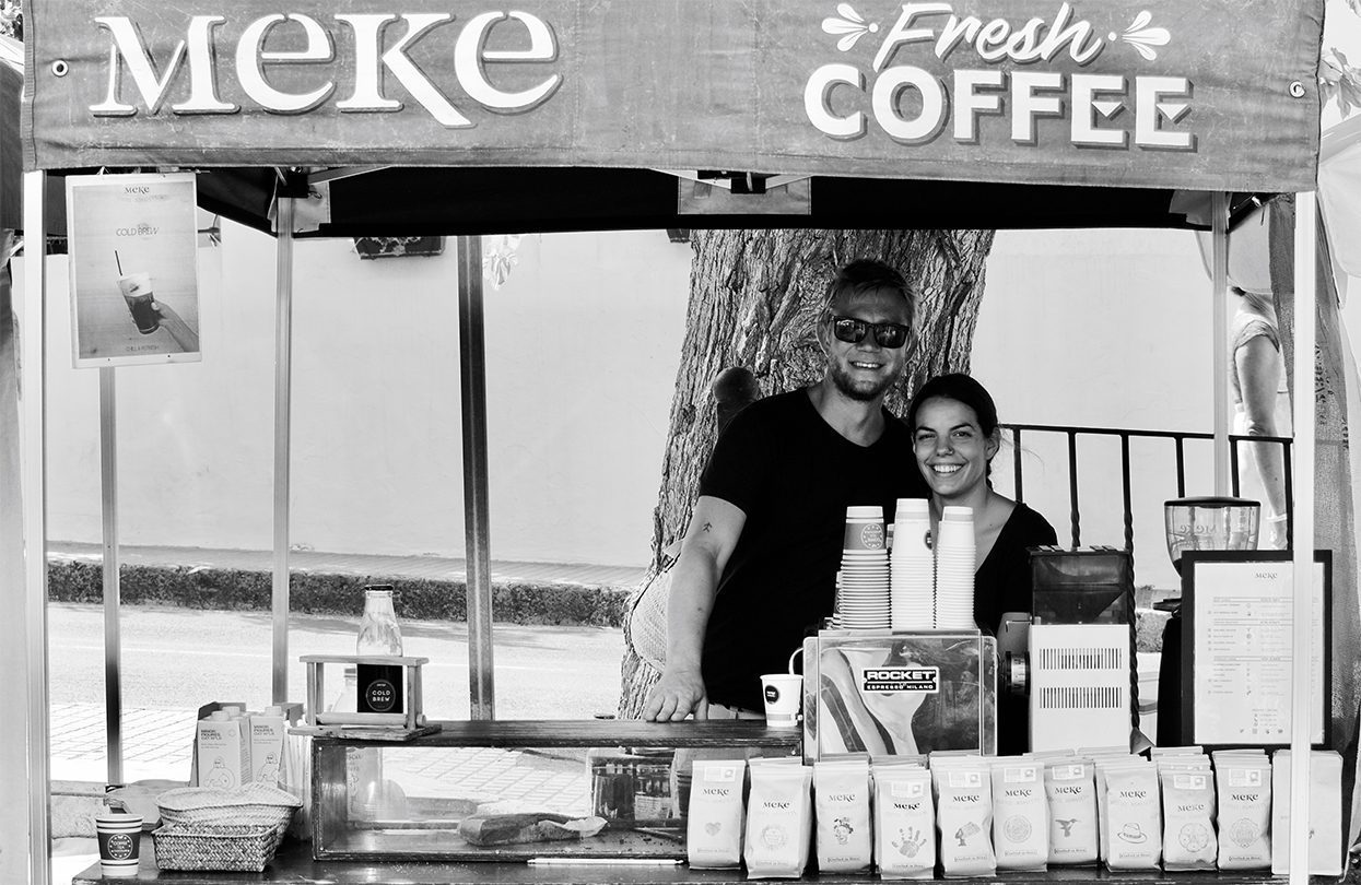 Meke organic, fresh-brewed coffee stall at San Juan markets