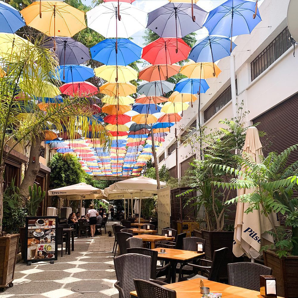 A decorated street of restaurants in Old Town Limassol