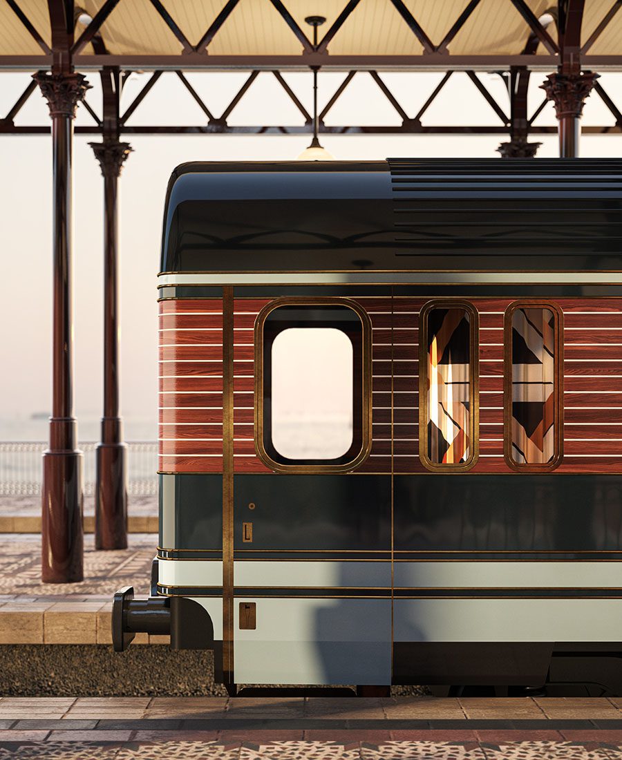 The Orient Express La Dolce Vita Train Exterior, Rendering Orient Express La Dolce Vita, by Dimorestudio