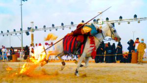 Horseman performs with a lance at the Souk Okaz in Taif, July 2017