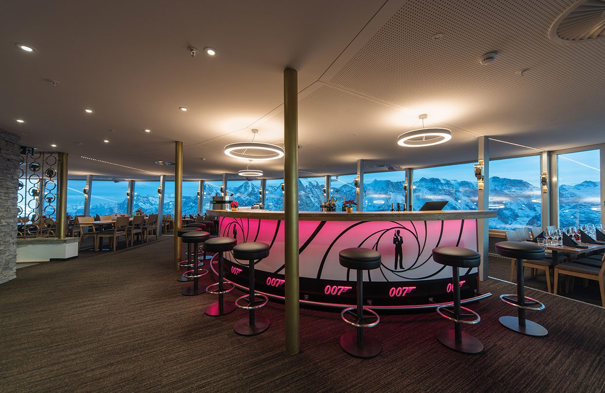 The epic 360 degree views from the rotating Piz Gloria restaurant at Schilthorn, photo credit Swiss Tourism Board