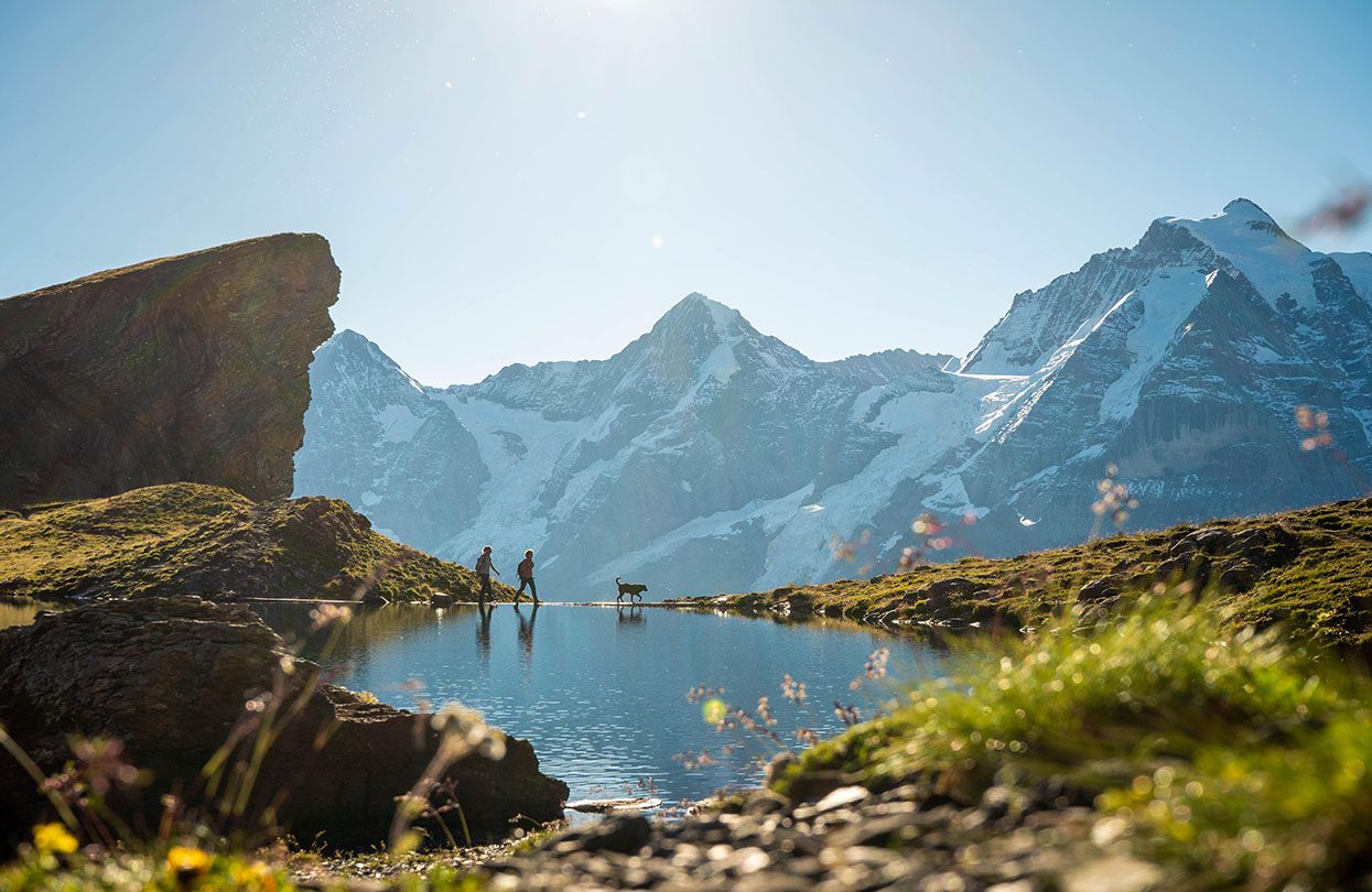 Grauseeli, an alpine lake whose placid surface mirrors the mountains around it, image by Schilthorn Tourism