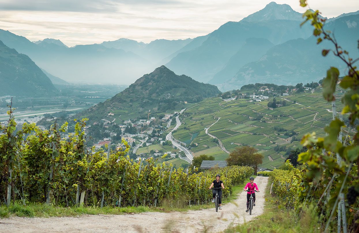 Explore the vineyard on the electric bikes and enjoy a majestic view of the Rhone Valley at Les Celliers de Sion, image credit Switzerland Tourism