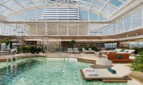 The indoor pool on Explora I with a retractable glass roof will allow swimming and poolside relaxation in any weather