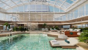 The indoor pool on Explora I with a retractable glass roof will allow swimming and poolside relaxation in any weather