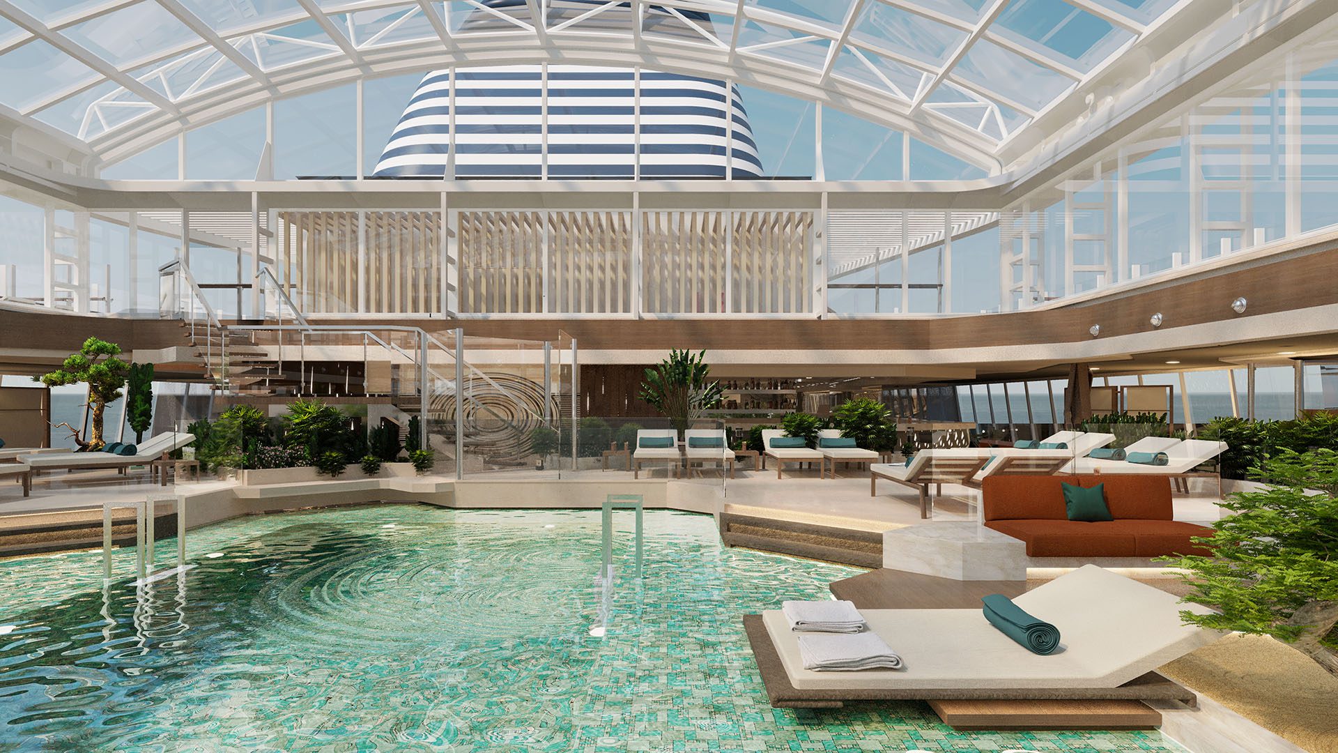 The indoor pool on Explora I with a retractable glass roof will allow swimming and poolside relaxation in any weather